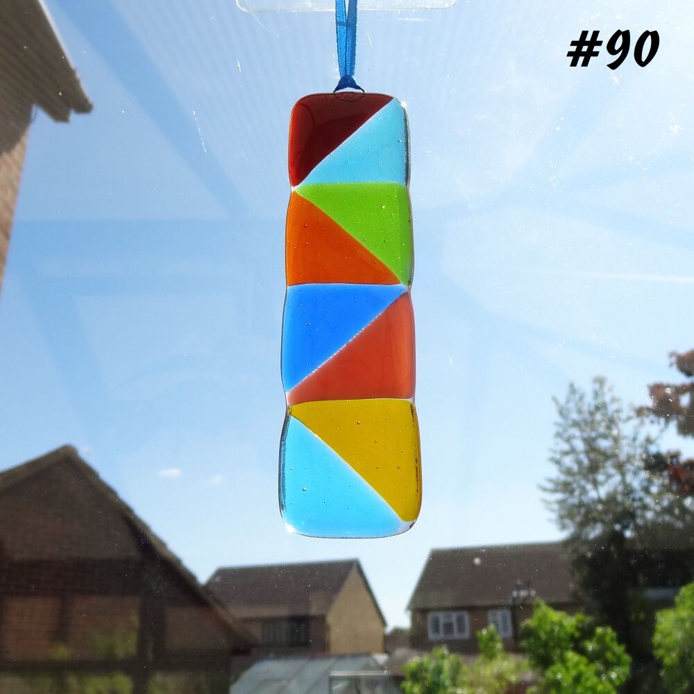 Handcrafted multi-coloured triangle patterned fused glass long suncatcher - 3cm x 12cm (#90)