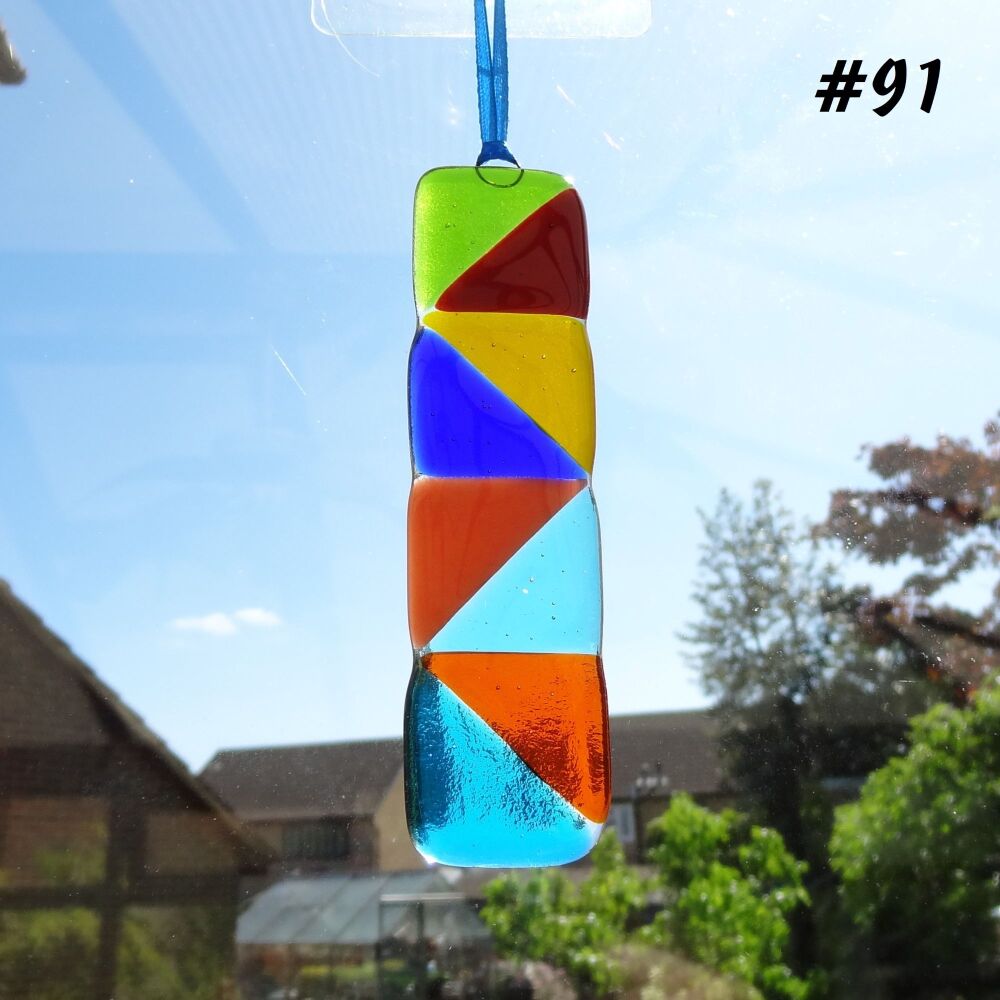 Handcrafted multi-coloured triangle patterned fused glass long suncatcher - 3cm x 12cm (#91)