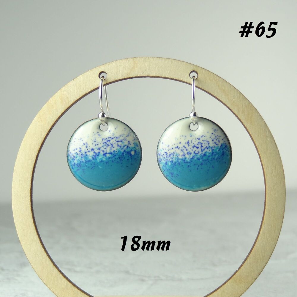 Handcrafted blue & cream domed disc enamelled copper earrings, 18mm, on sterling silver wires, in a gift box (#65)