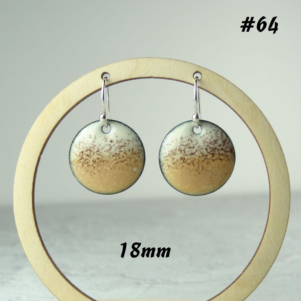 Handcrafted caramel/mocha & cream domed disc enamelled copper earrings, 18mm, on sterling silver wires, in a gift box (#64)
