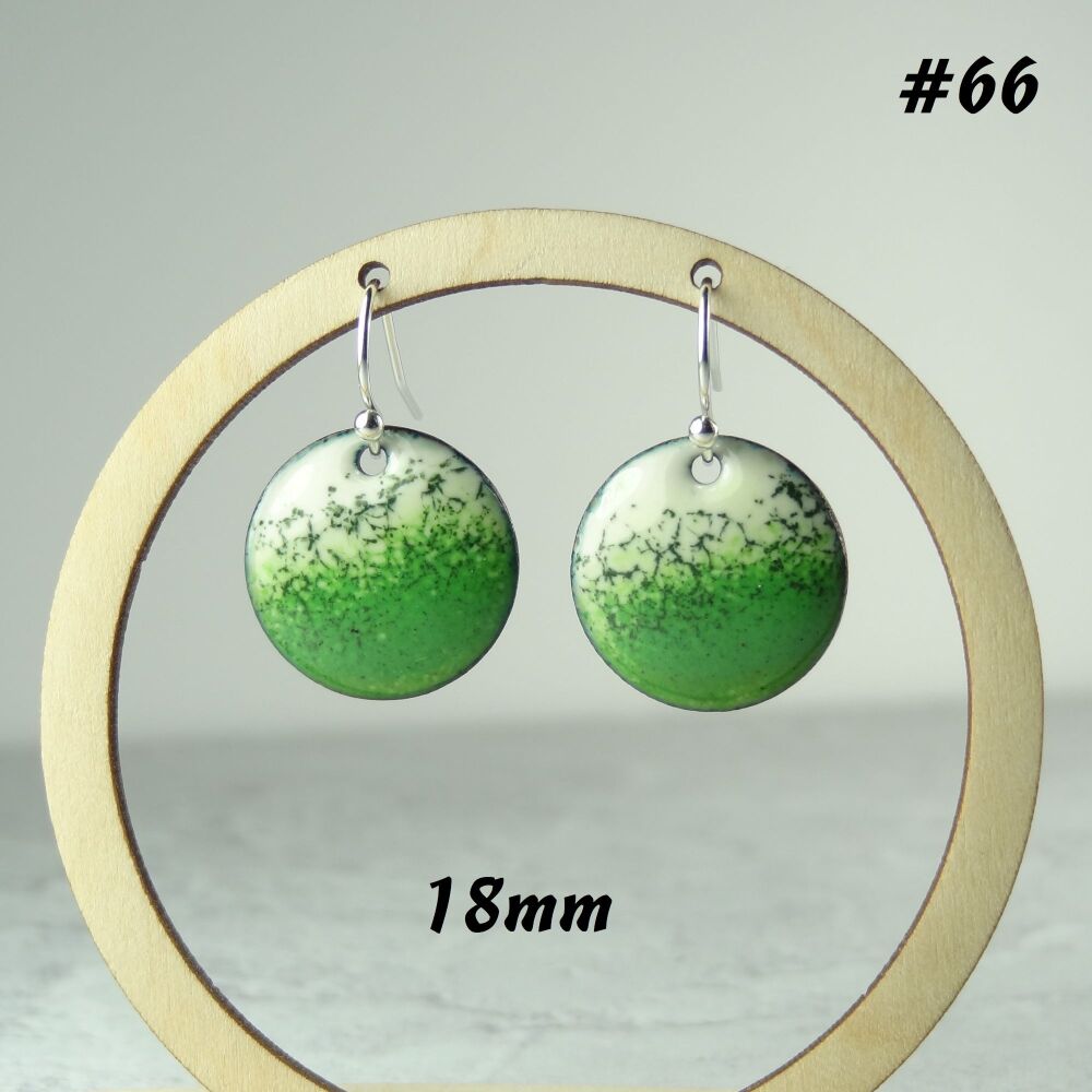 Handcrafted green & cream domed disc enamelled copper earrings, 18mm, on sterling silver wires, in a gift box (#66)
