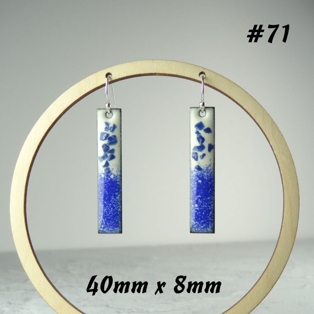 Handcrafted blue & cream long/bar/stick enamelled copper earrings, 40mm, on sterling silver wires, in a gift box (#71)