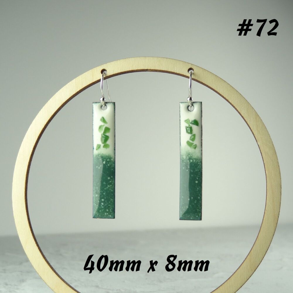 Handcrafted green & cream long/bar/stick enamelled copper earrings, 40mm, on sterling silver wires, in a gift box (#72)