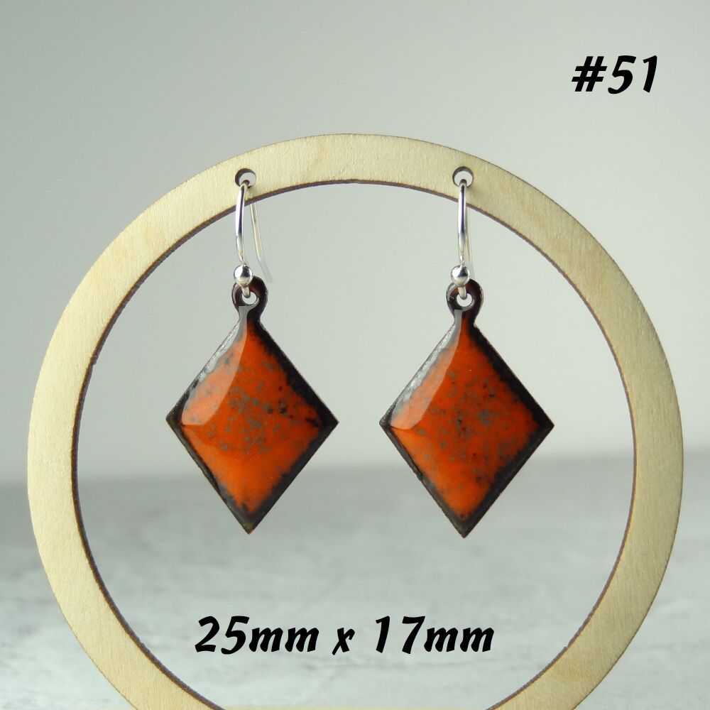 Handcrafted burnt orange rhombus shaped enamelled copper earrings, 25x17mm, on sterling silver wires, in a gift box (#51)