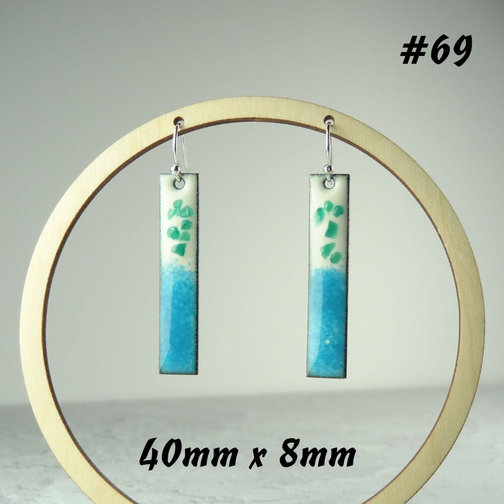 Handcrafted blue & cream long/bar/stick enamelled copper earrings, 40mm, on sterling silver wires, in a gift box (#69)
