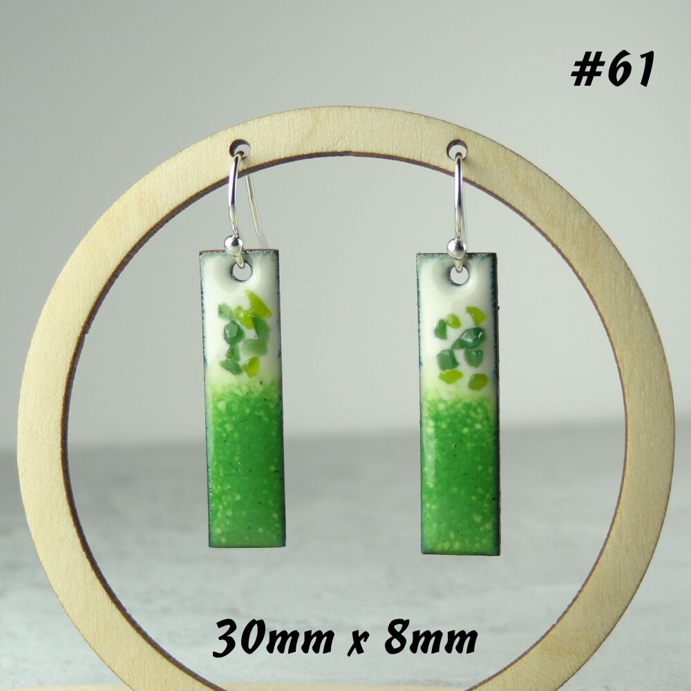 Handcrafted green & cream long/bar/stick enamelled copper earrings, 30mm, on sterling silver wires, in a gift box (#61)