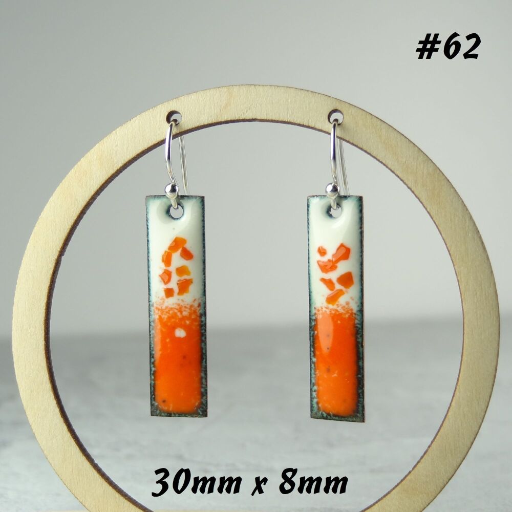 Handcrafted orange & cream long/bar/stick enamelled copper earrings, 30mm, on sterling silver wires, in a gift box (#62)