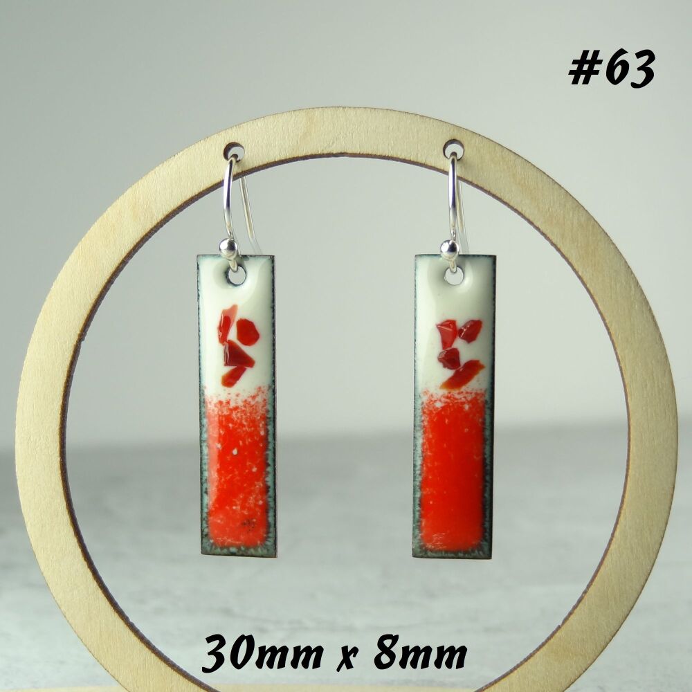 Handcrafted red & cream long/bar/stick enamelled copper earrings, 30mm, on sterling silver wires, in a gift box (#63)