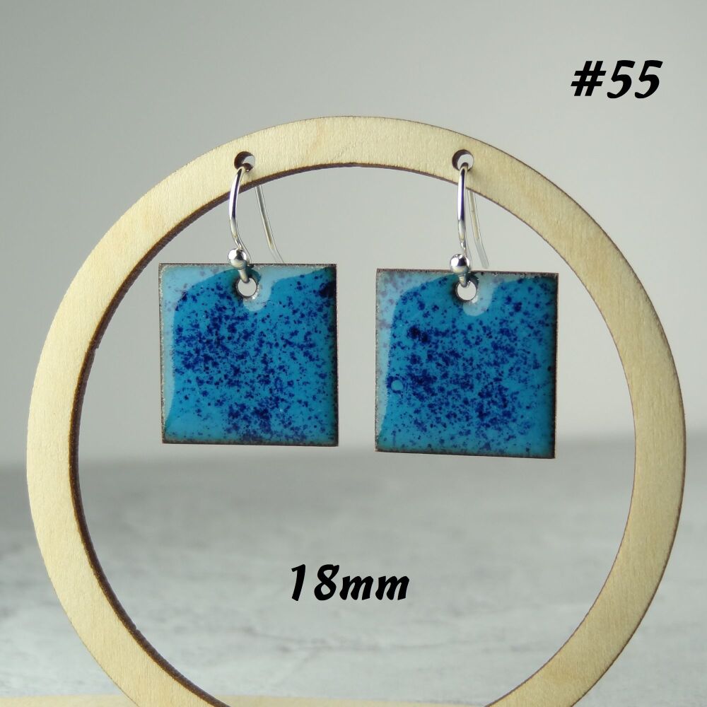 Handcrafted blue specked square enamelled copper earrings, 18mm, on sterling silver wires, in a gift box (#55)