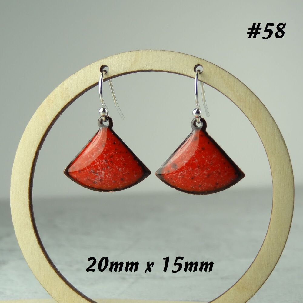Handcrafted red fan-shaped enamelled copper earrings, 20x15mm, on sterling silver wires, in a gift box (#58)