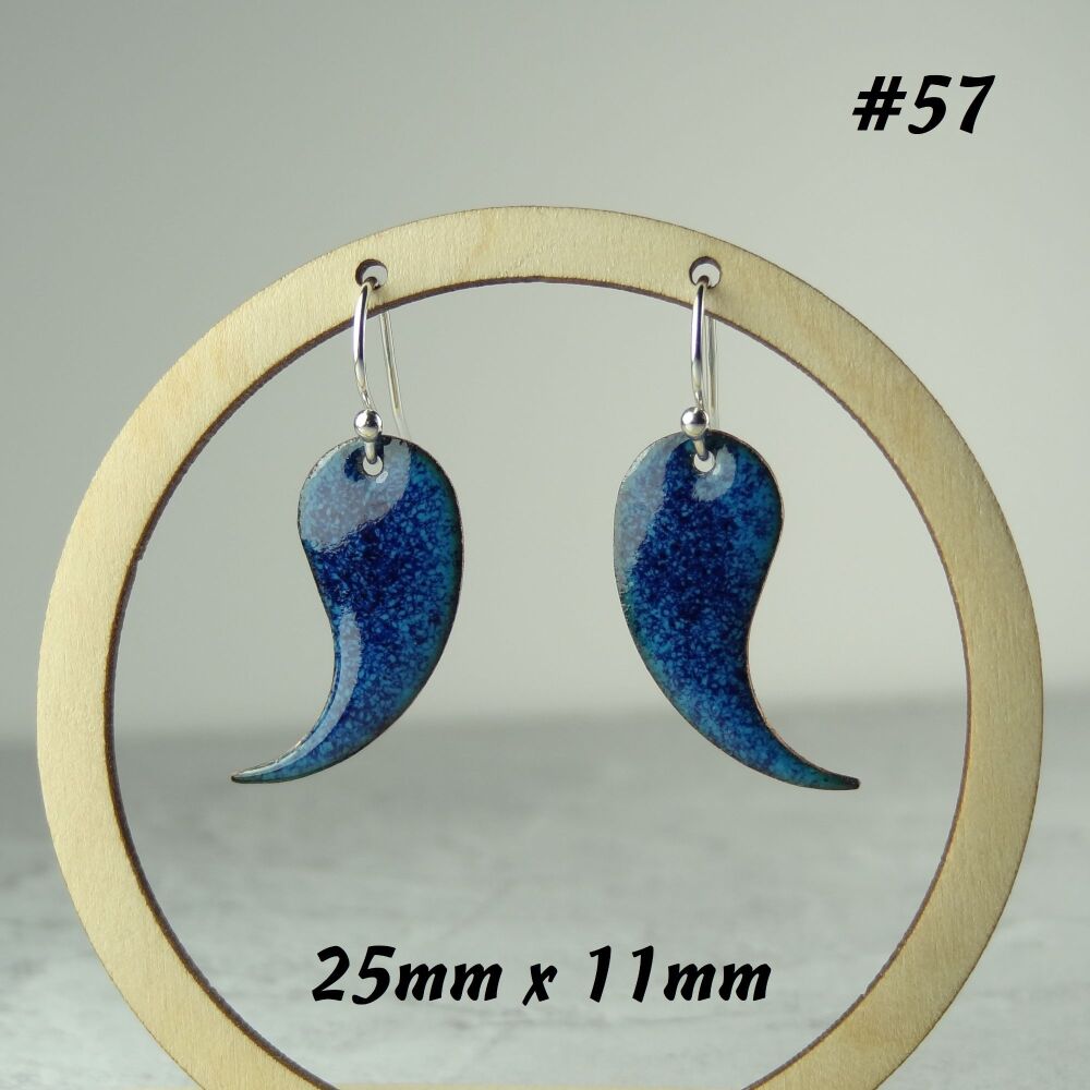 Handcrafted blue specked enamelled copper tadpole drop earrings, 25x11mm, on sterling silver wires, in a gift box (#57)