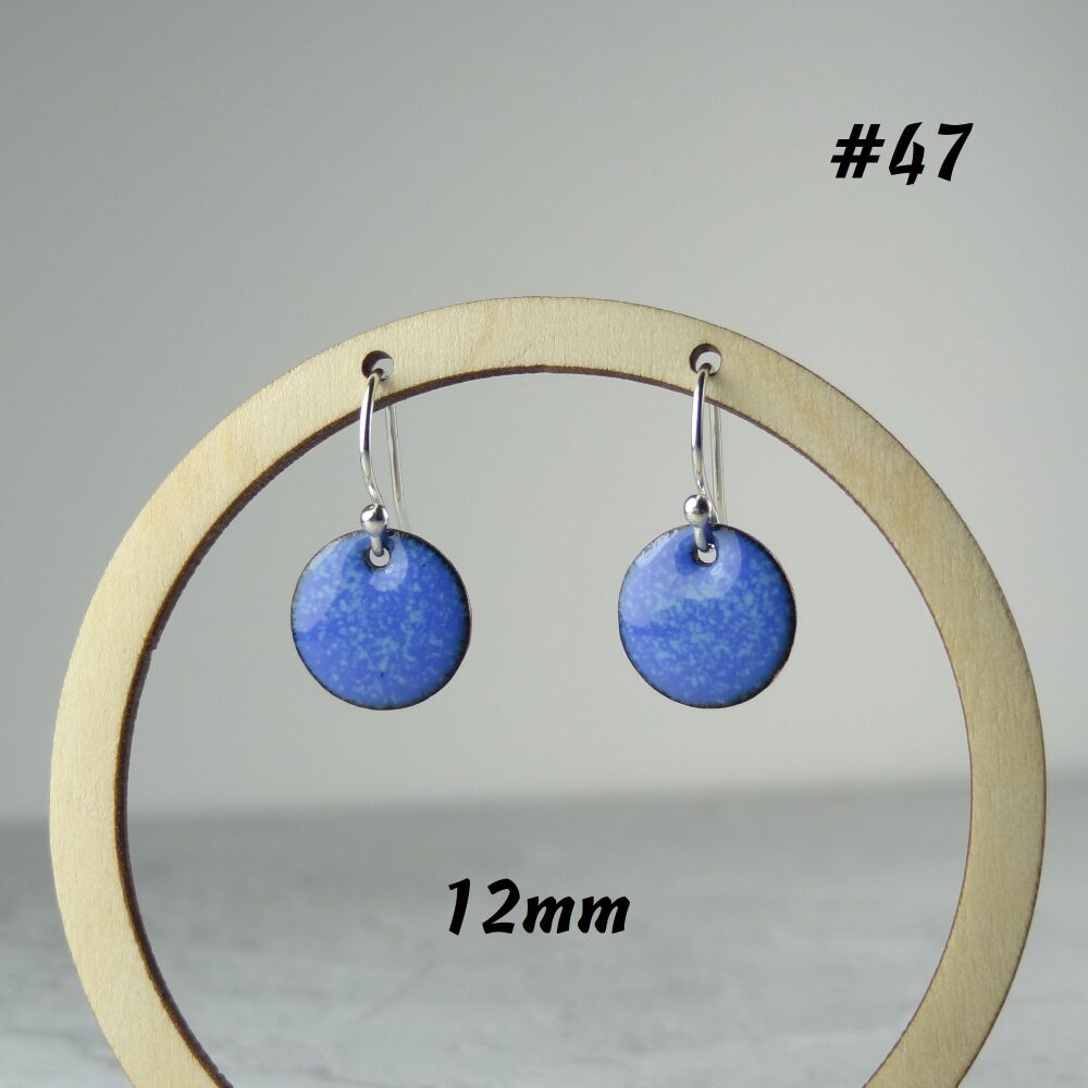 Handcrafted speckled blue disc enamelled copper earrings, 12mm, on sterling silver wires, in a gift box (#47)