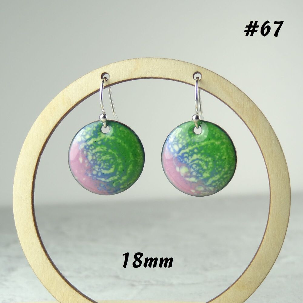 Handcrafted green blue pink domed disc enamelled copper earrings, 18mm, on sterling silver wires, in a gift box (#67)