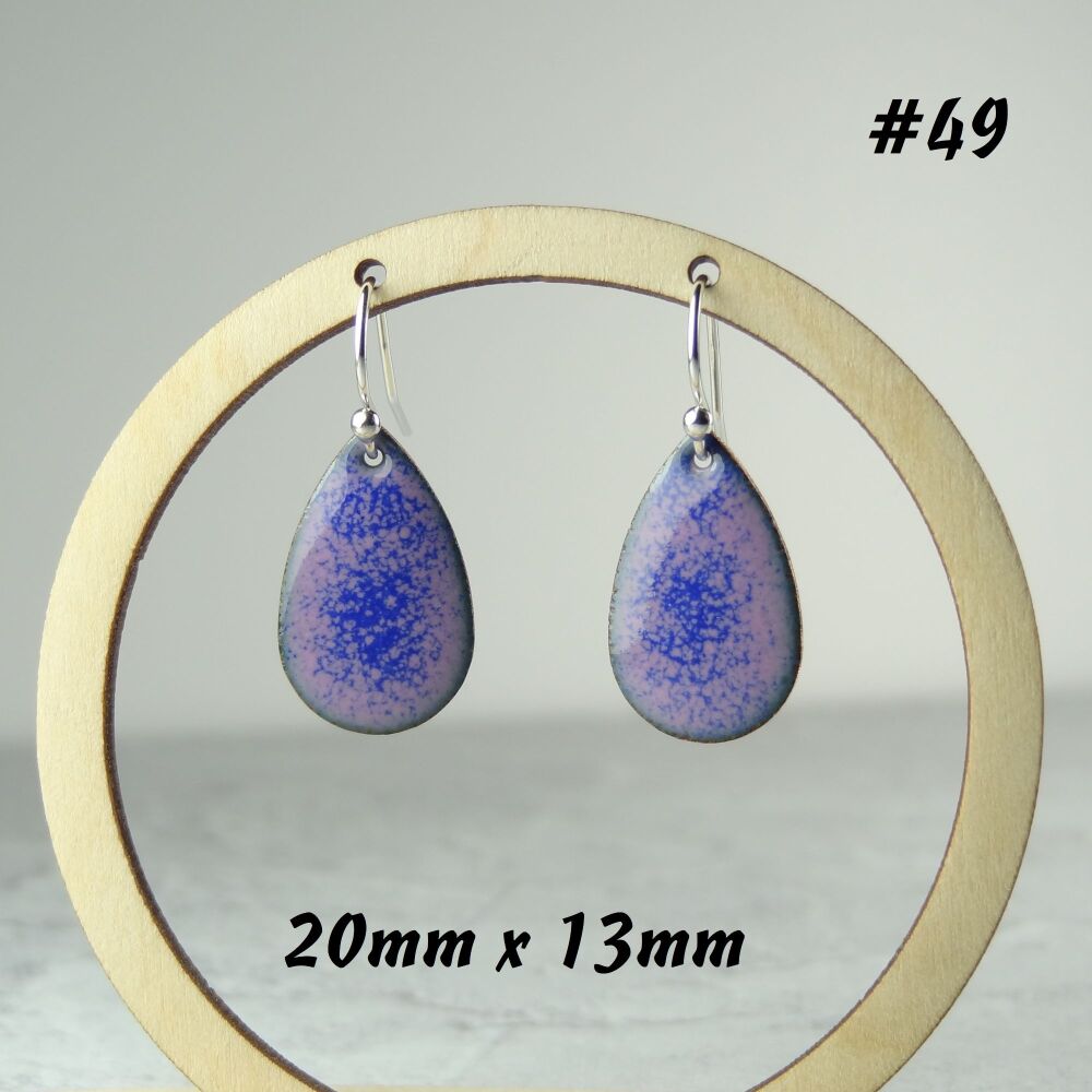 Handcrafted mauve-pink & blue speckled teardrop enamelled copper earrings, 20x13mm, on sterling silver wires, in a gift box (#49)