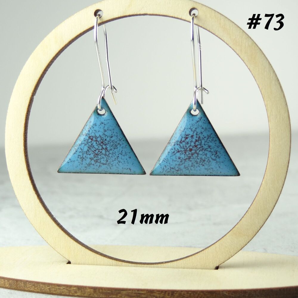 Handcrafted blue & red specked enamelled copper triangle earrings, 21mm, on sterling silver wires, in a gift box (#73)