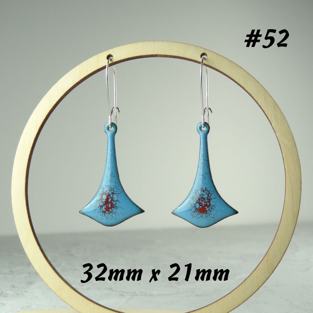 Handcrafted blue & red specked enamelled copper bellflower earrings, 32x21mm, on sterling silver wires, in a gift box (#52)