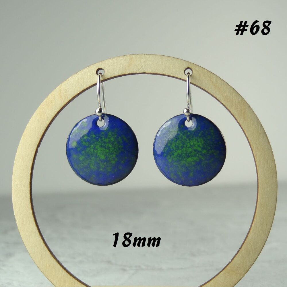 Handcrafted blue & green enamelled copper domed disc earrings, 18mm, on sterling silver wires, in a gift box (#68)