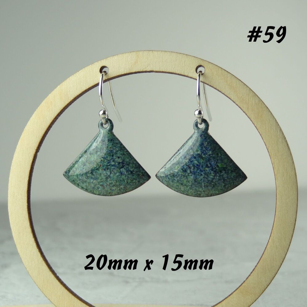 Handcrafted green blue speckled fan-shaped enamelled copper earrings, 20x15mm, on sterling silver wires, in a gift box (#59)
