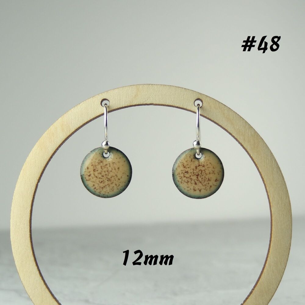 Handcrafted caramel/mocha chocolate brown speckled disc enamelled copper earrings, 12mm, on sterling silver wires, in a gift box (#48)