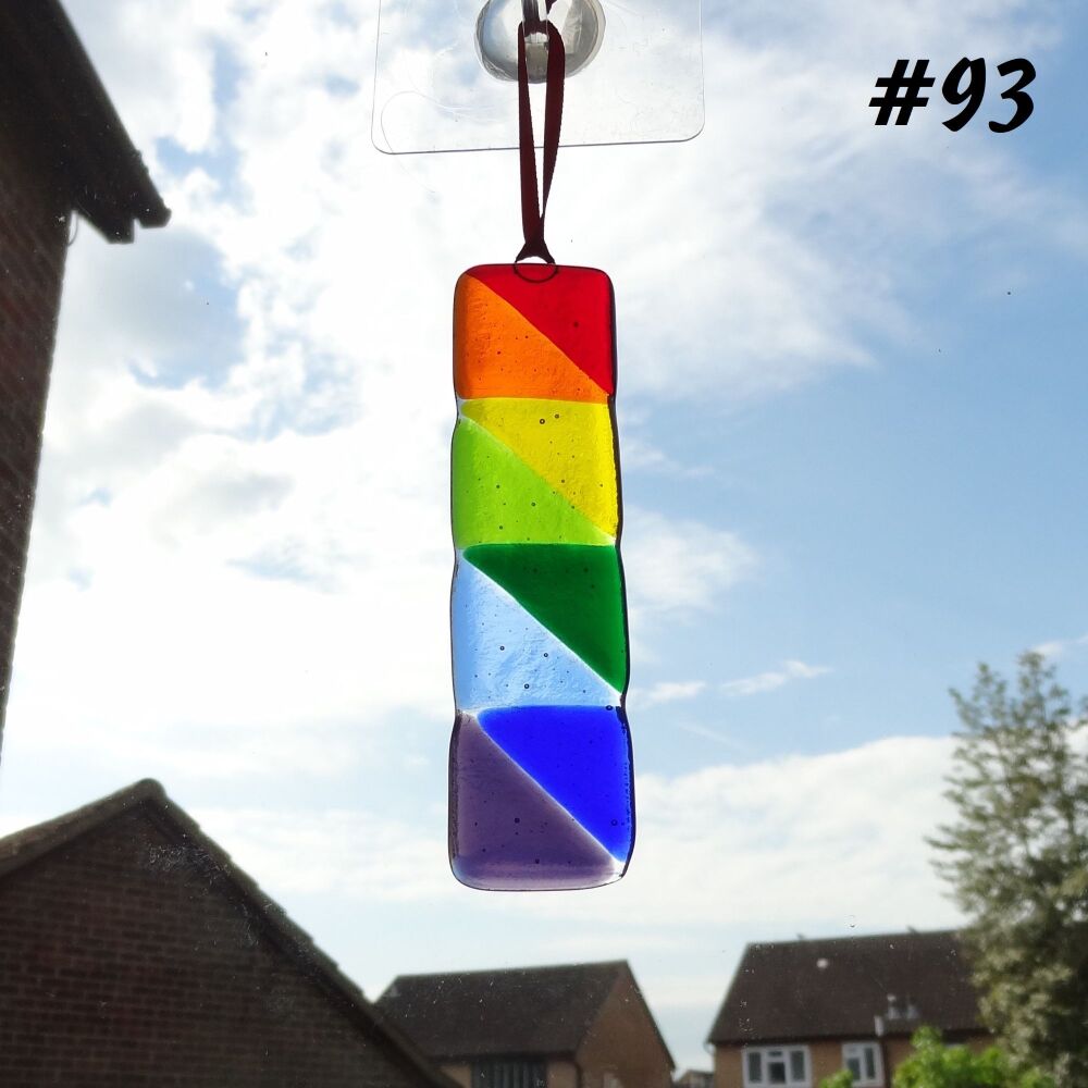 Handcrafted rainbow colours triangle patterned fused glass long suncatcher - red orange yellow green blue purple - 3cm x 12cm (#93)