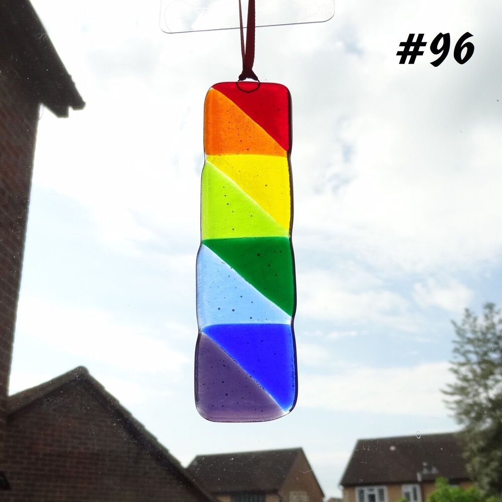 Handcrafted rainbow colours triangle patterned fused glass long suncatcher - red orange yellow green blue purple - 3cm x 12cm (#96)