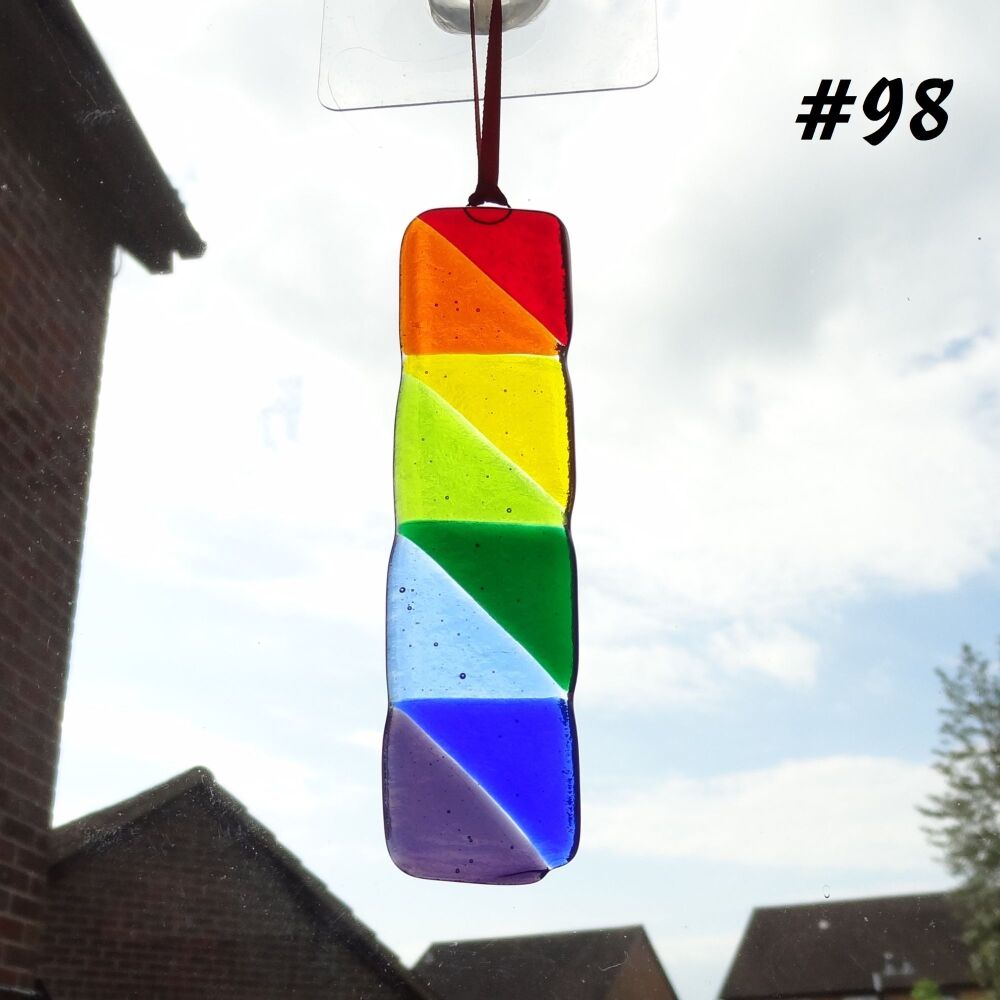 Handcrafted rainbow colours triangle patterned fused glass long suncatcher - red orange yellow green blue purple - 3cm x 12cm (#98)