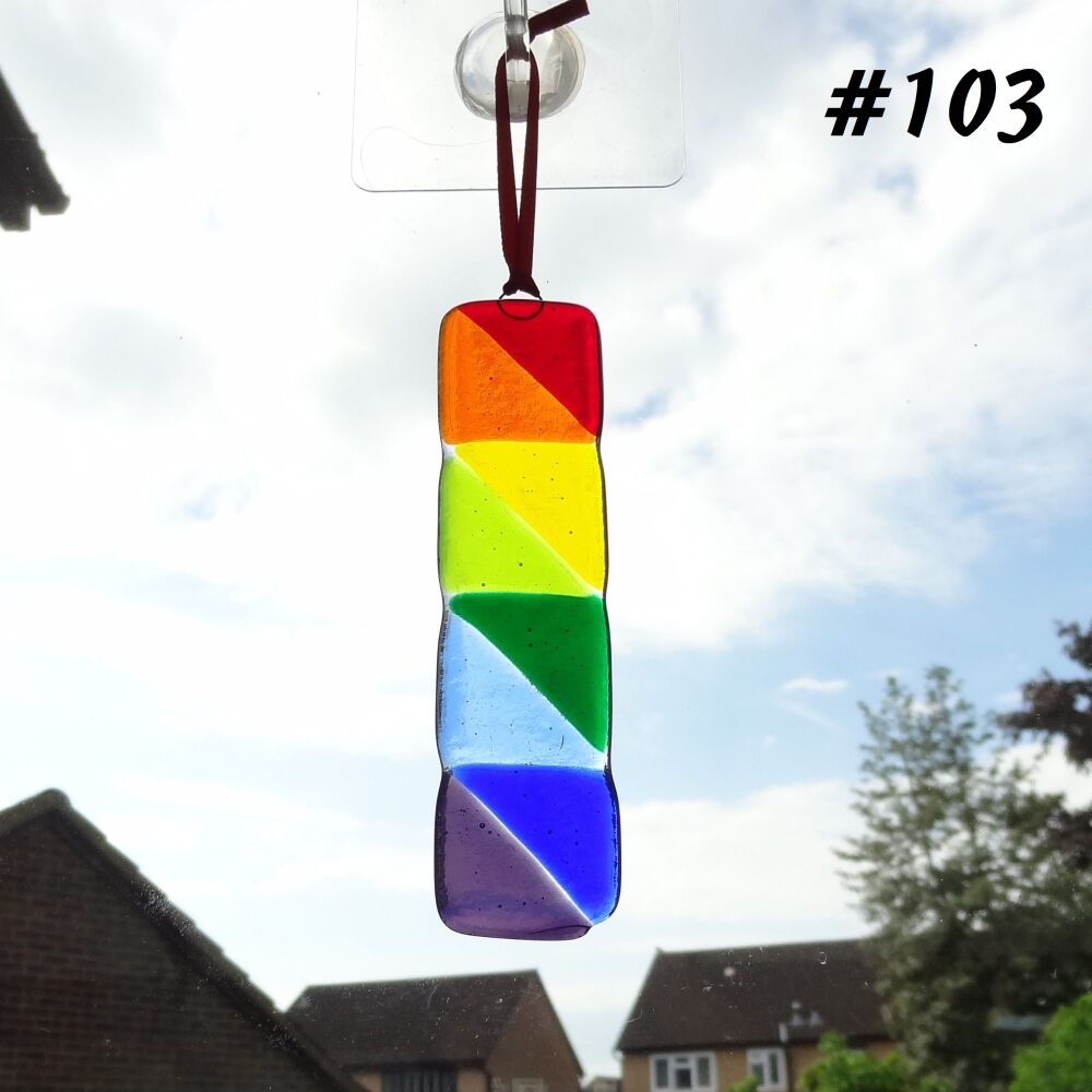 Handcrafted rainbow colours triangle patterned fused glass long suncatcher - red orange yellow green blue purple - 3cm x 12cm (#103)