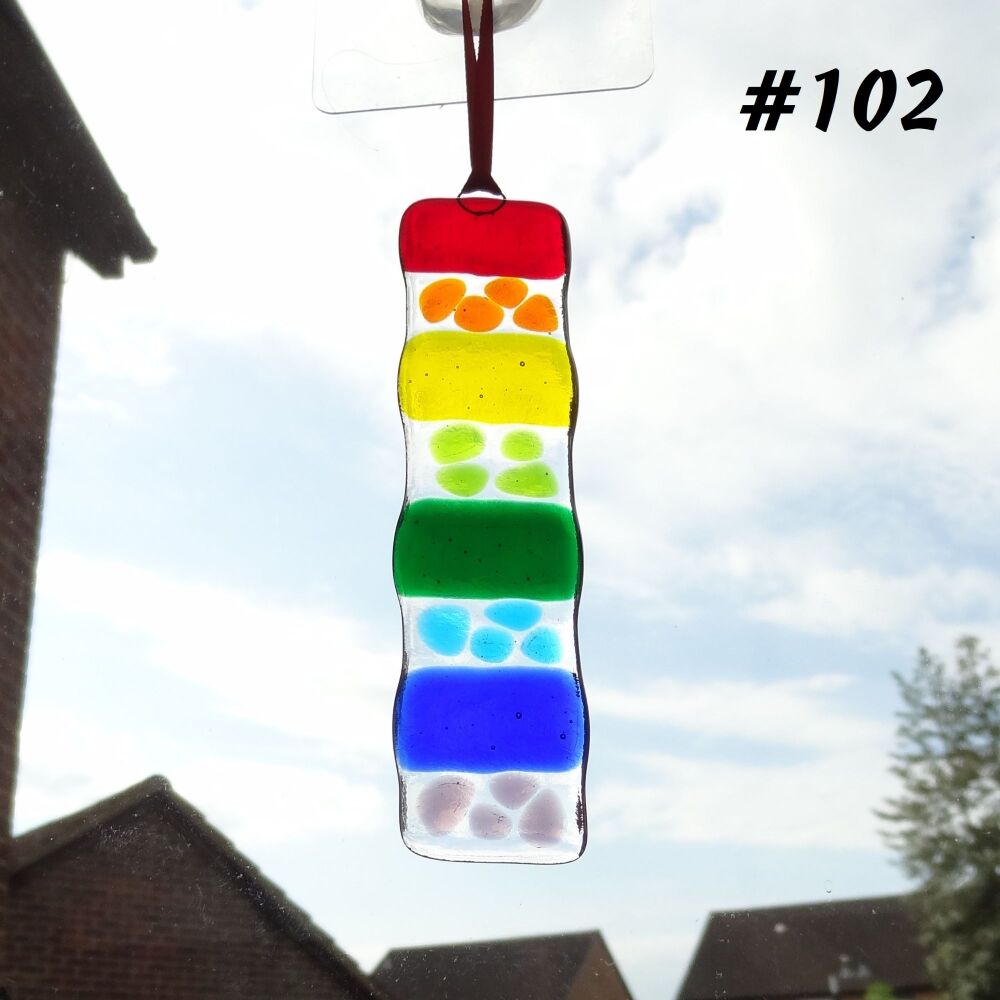 Handcrafted rainbow mosaic/strip fused glass long suncatcher, red orange yellow green blue purple - 3cm x 12cm (#102)