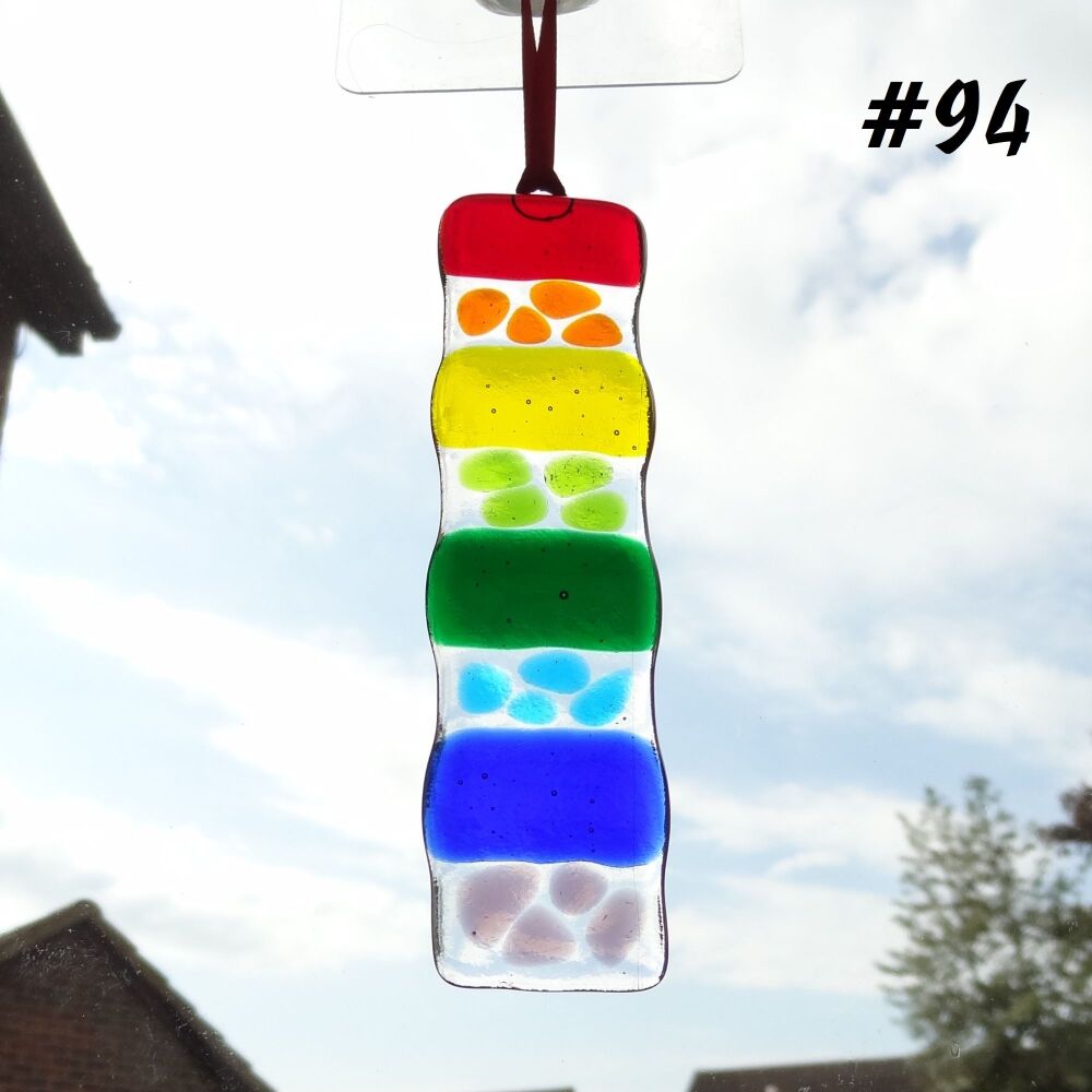 Handcrafted rainbow mosaic/strip fused glass long suncatcher, red orange yellow green blue purple - 3cm x 12cm (#94)