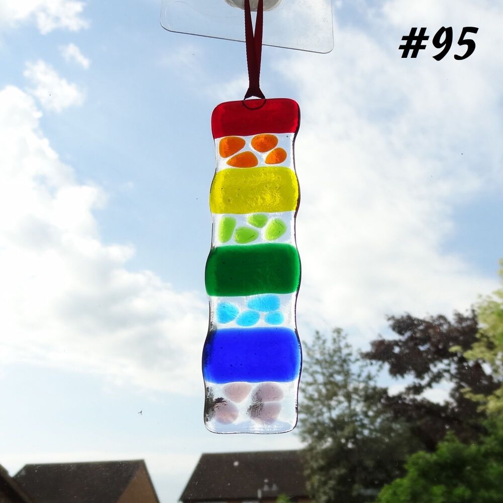 Handcrafted rainbow mosaic/strip fused glass long suncatcher, red orange yellow green blue purple - 3cm x 12cm (#95)