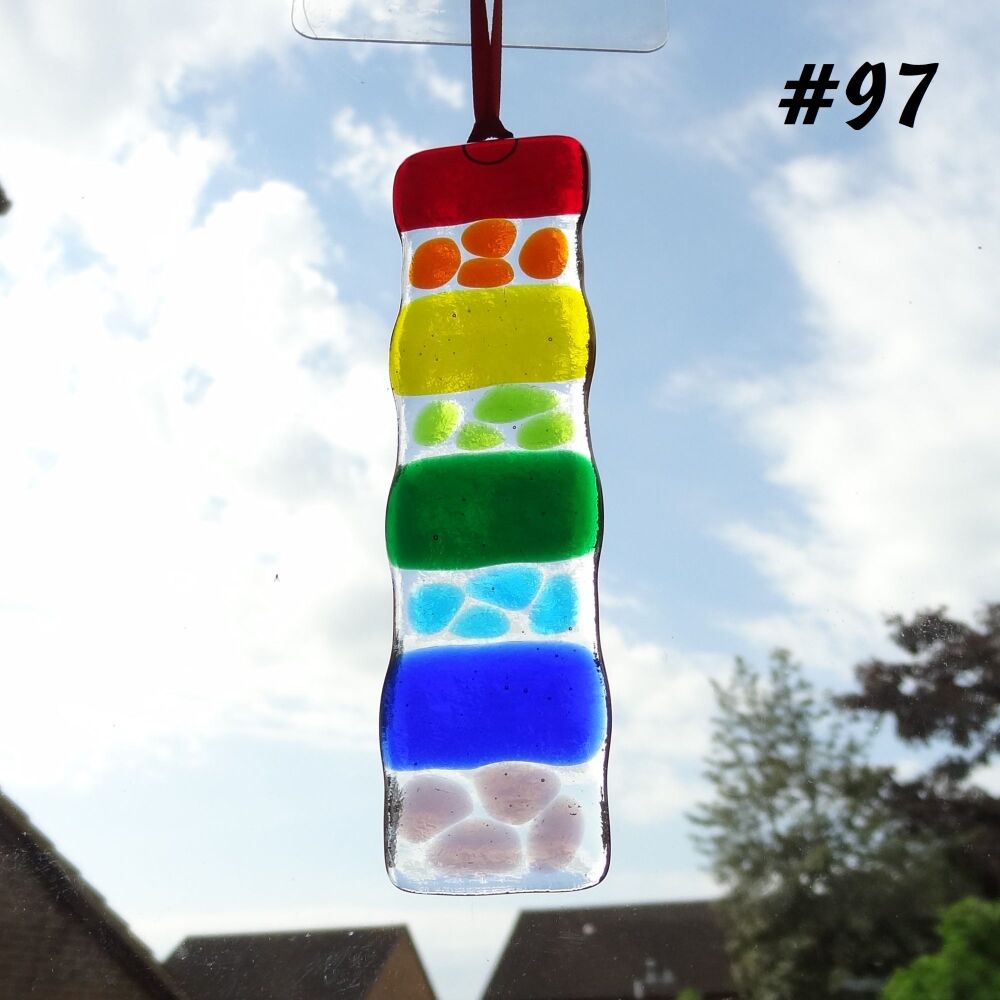 Handcrafted rainbow mosaic/strip fused glass long suncatcher, red orange yellow green blue purple - 3cm x 12cm (#97)