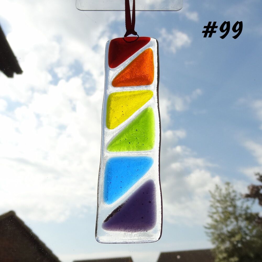 Handcrafted rainbow colours triangle patterned fused glass long suncatcher - red orange yellow green blue purple - 3cm x 12cm (#99)