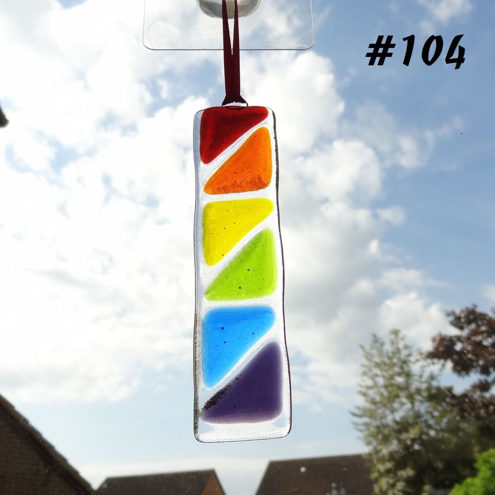 Handcrafted rainbow colours triangle patterned fused glass long suncatcher - red orange yellow green blue purple - 3cm x 12cm (#104)