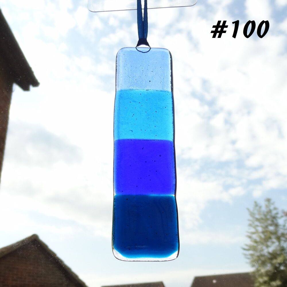 Handcrafted shades of blue fused glass long suncatcher - 3cm x 12cm (#100)
