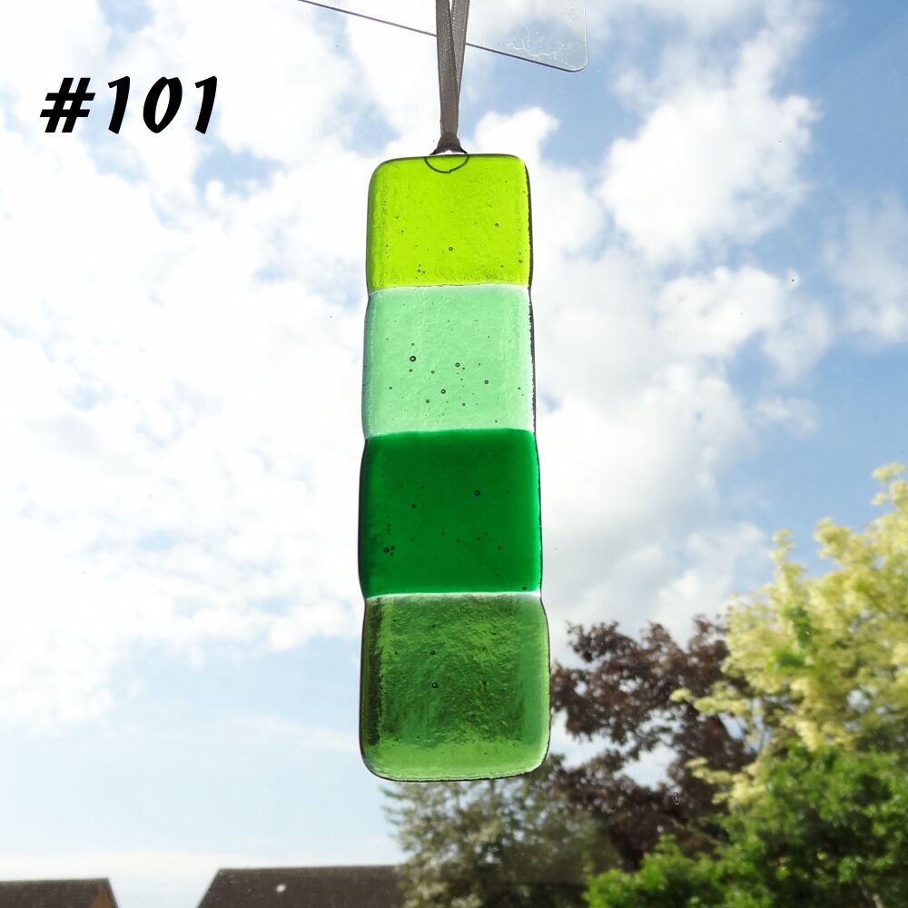 Handcrafted shades of green fused glass long suncatcher - 3cm x 12cm (#101)