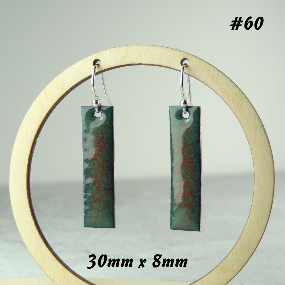 Handcrafted green & dark orange long/bar/stick enamelled copper earrings, 30mm, on sterling silver wires, in a gift box (#60)