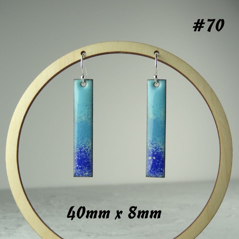 Handcrafted shades of blue enamelled copper long/bar/stick earrings, 40mm, on sterling silver wires, in a gift box (#70)