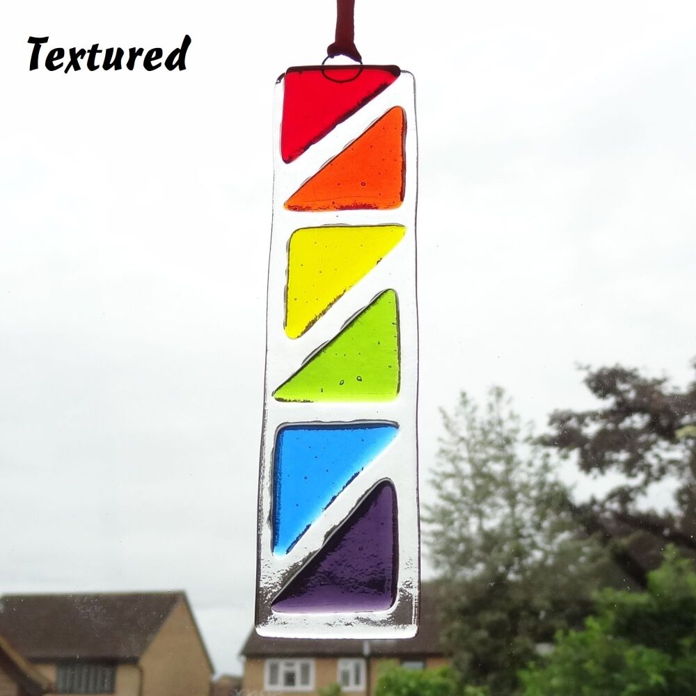 Handcrafted rainbow colours triangle patterned fused glass long suncatcher - red orange yellow green blue purple - 3cm x 12cm (C))