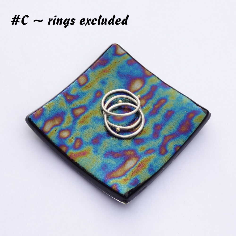 Handcrafted iridescent bullseye fused glass ring trinket dish tea light holder or ornament to display, 6.5cm square, 6mm thick (#C)