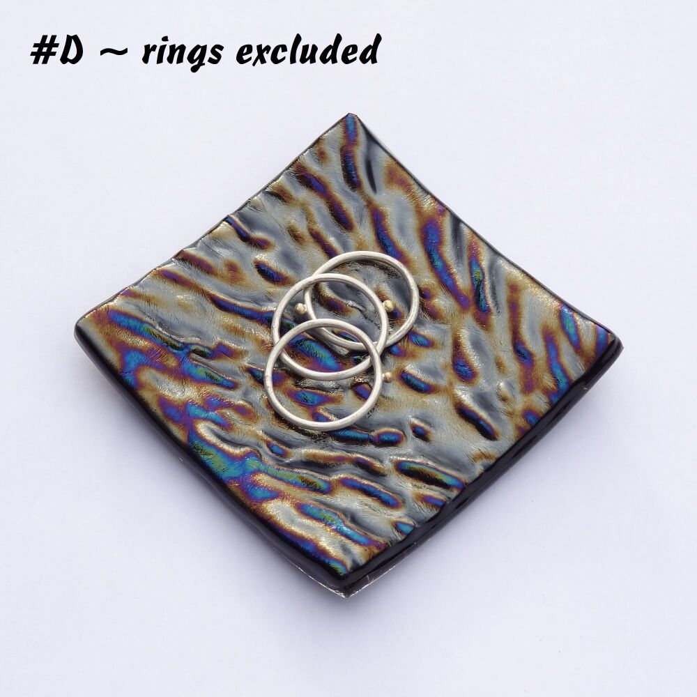 Handcrafted textured/iridescent bullseye fused glass ring trinket dish tea light holder or ornament to display, 6.5cm square, 6mm thick (#D)