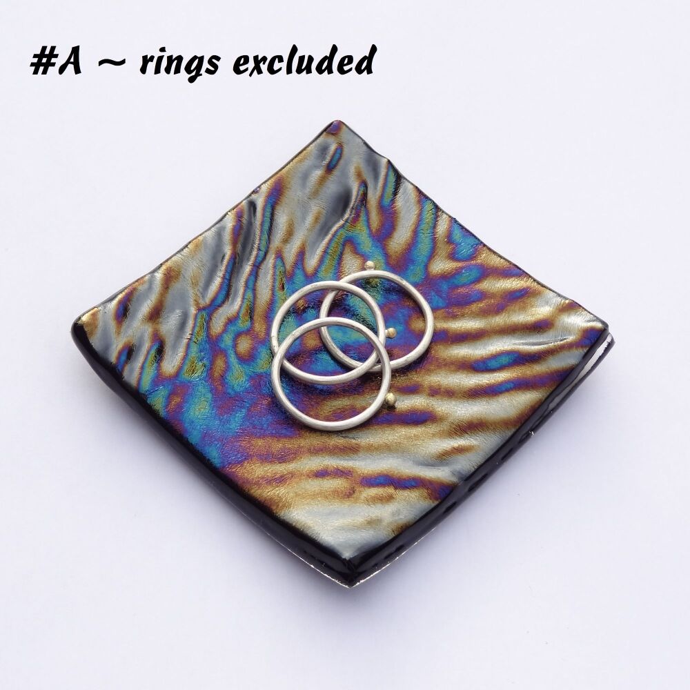 Handcrafted textured/iridescent bullseye fused glass ring trinket dish tea light holder or ornament to display, 6.5cm square, 6mm thick (#A)
