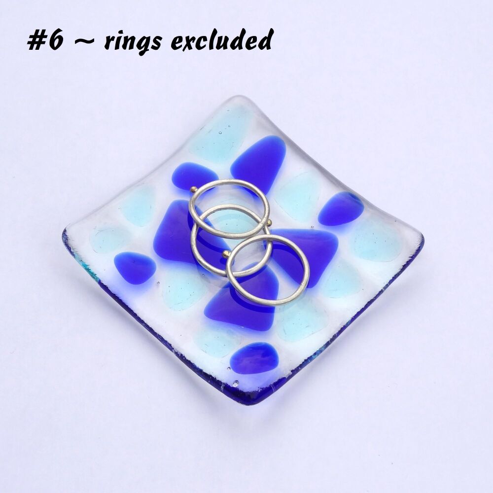 Blue mosaic fused glass small shallow rings earrings trinket dish, tea light holder or ornament to display - 6.5cm square (#6 mosaic)