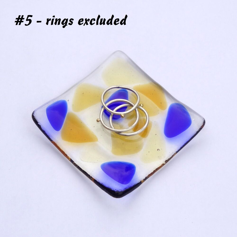 Blue & honey amber mosaic fused glass small shallow rings earrings trinket dish, tea light holder or ornament to display - 6.5cm square (#5 mosaic)