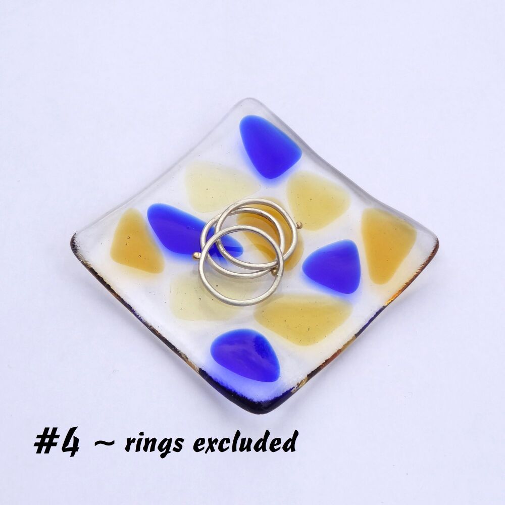 Blue & honey amber mosaic fused glass small shallow rings earrings trinket dish, tea light holder or ornament to display - 6.5cm square (#4 mosaic)