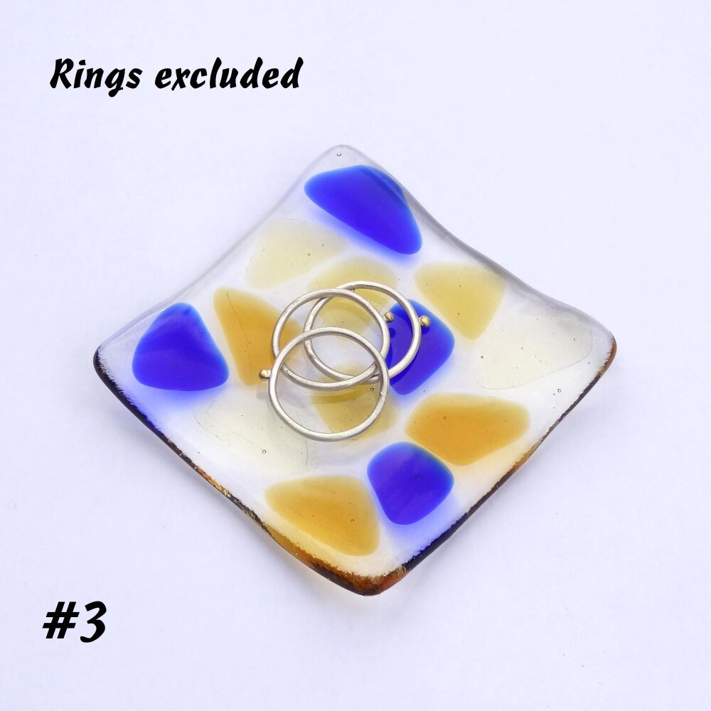 Blue & honey amber mosaic fused glass small shallow rings earrings trinket dish, tea light holder or ornament to display - 6.5cm square (#3 mosaic)
