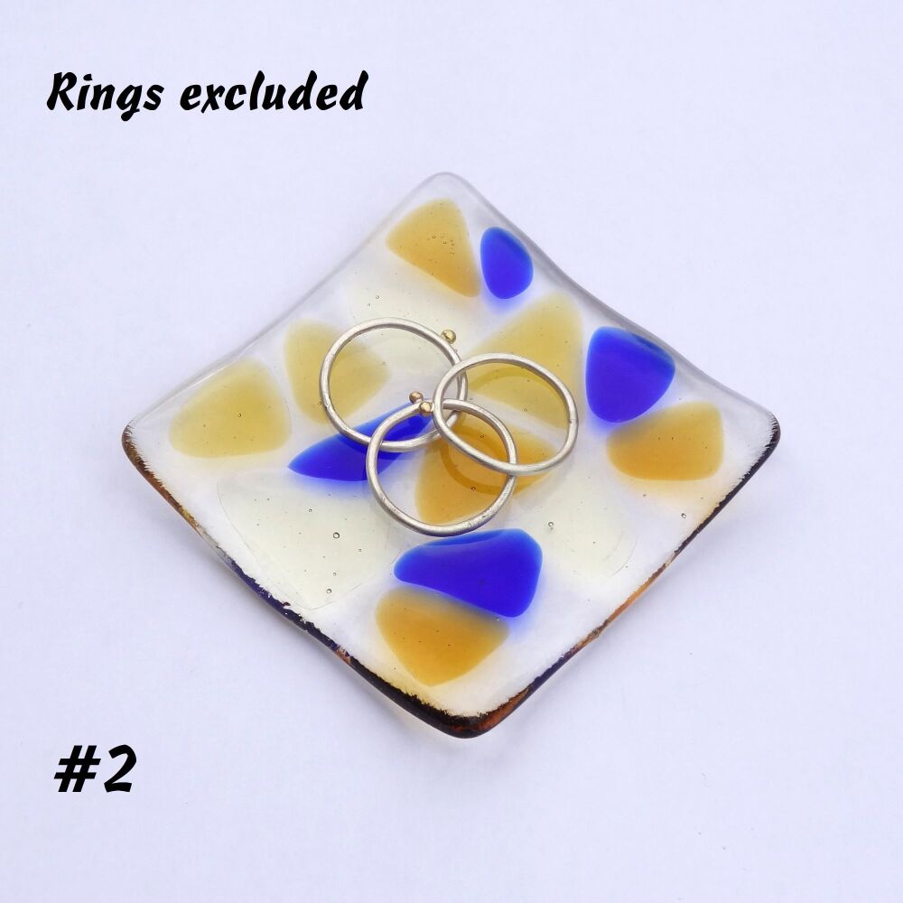 Blue & honey amber mosaic fused glass small shallow rings earrings trinket dish, tea light holder or ornament to display - 6.5cm square (#2 mosaic)