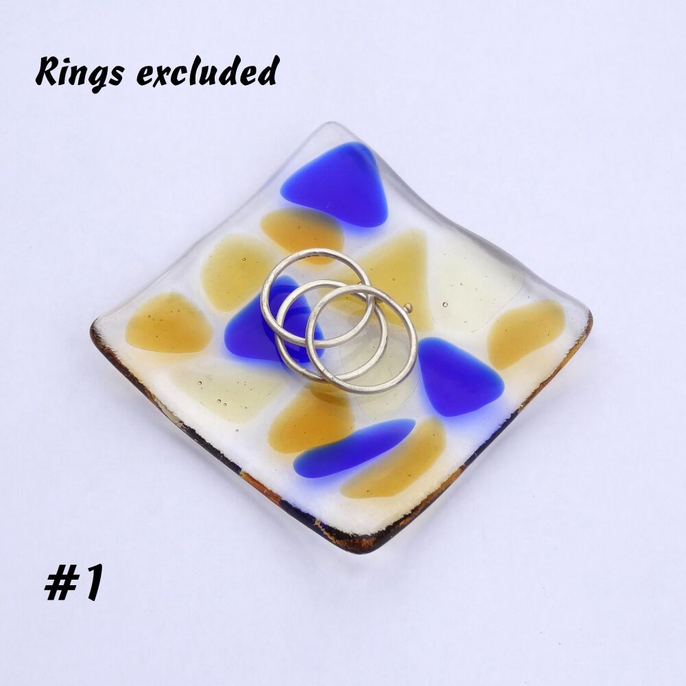 Blue & honey amber mosaic fused glass small shallow rings earrings trinket dish, tea light holder or ornament to display - 6.5cm square (#1 mosaic)