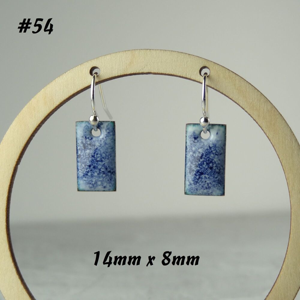 Handcrafted speckled blue glass enamelled copper drop earrings, rectangle 14x8mm, on sterling silver wires, in a gift box (#54)