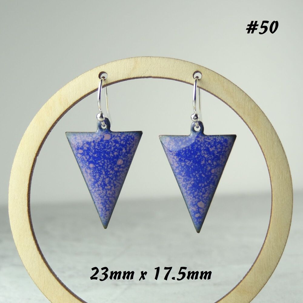 Handcrafted mauve-pink and blue speckled glass enamelled copper arrow shaped drop earrings, 23x17.5mm, on sterling silver wires, in a gift box (#50)
