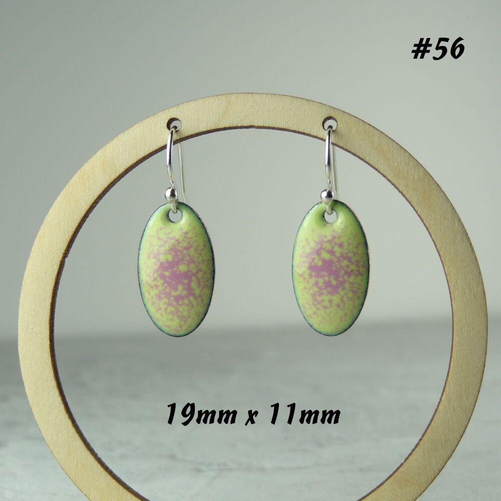 Handcrafted pale green and pink speckled glass enamelled copper oval shaped drop earrings, 19x11mm, on sterling silver wires, in a gift box (#56)